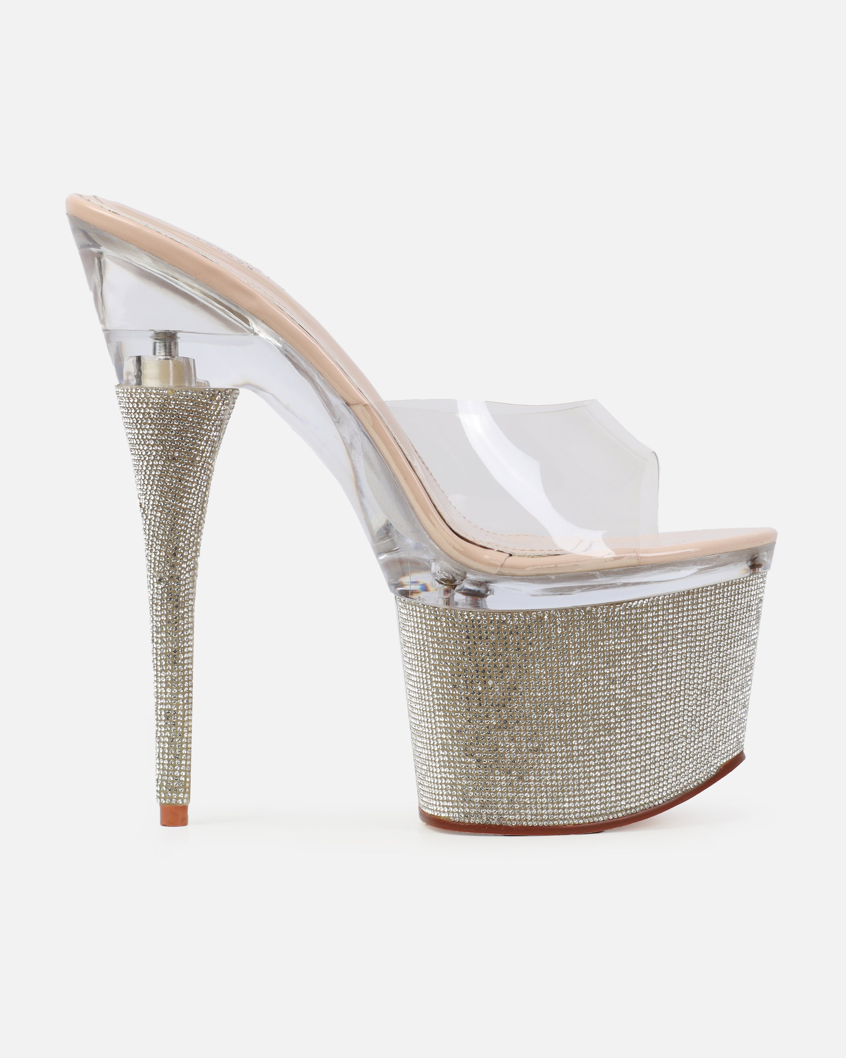 Sansa Clear Nude Diamante Platform Stiletto Mules