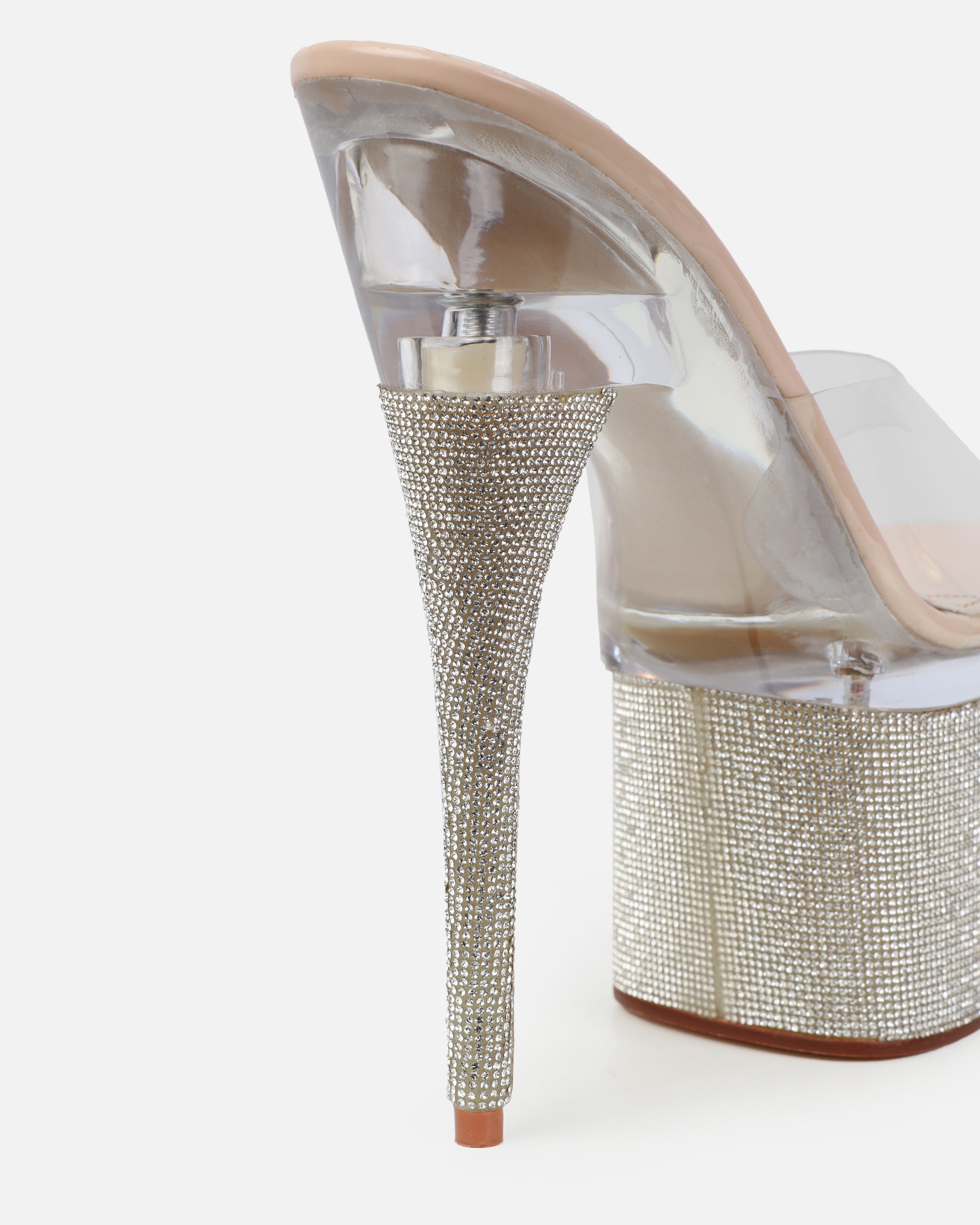 Sansa Clear Nude Diamante Platform Stiletto Mules