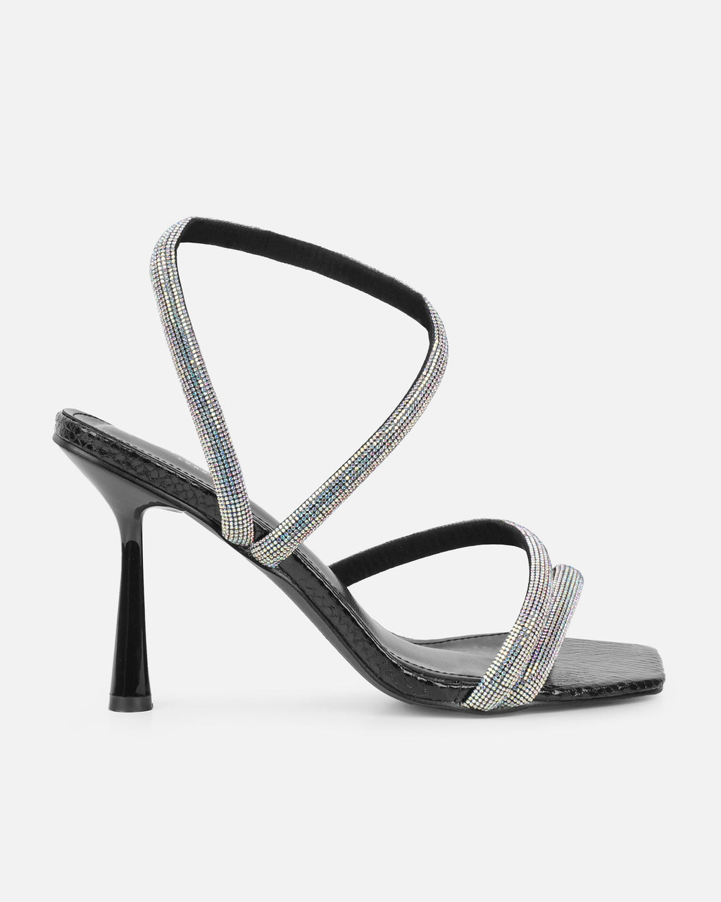 Maella Black Faux Snake Diamante Heeled Sandals