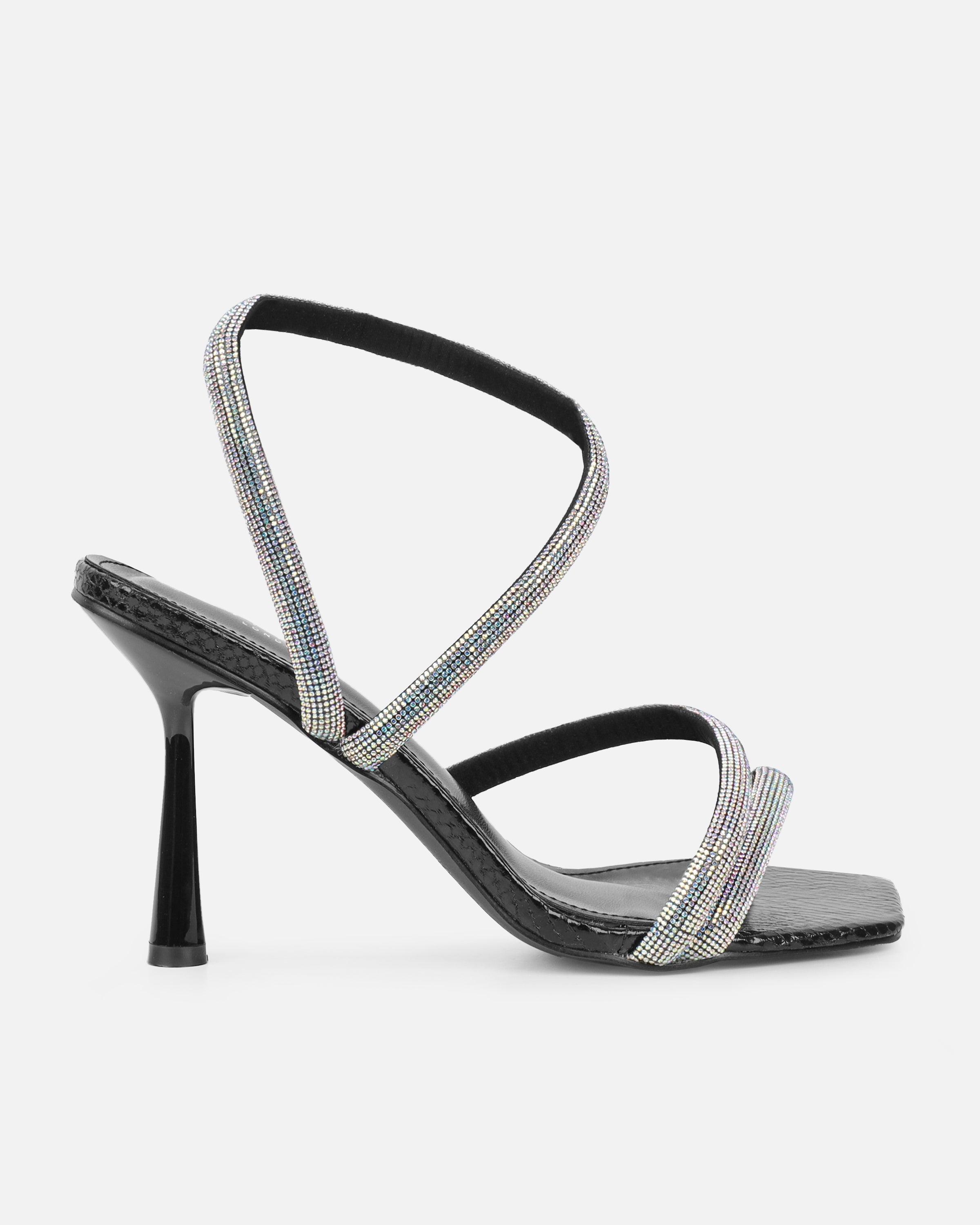 Maella Black Faux Snake Diamante Heeled Sandals