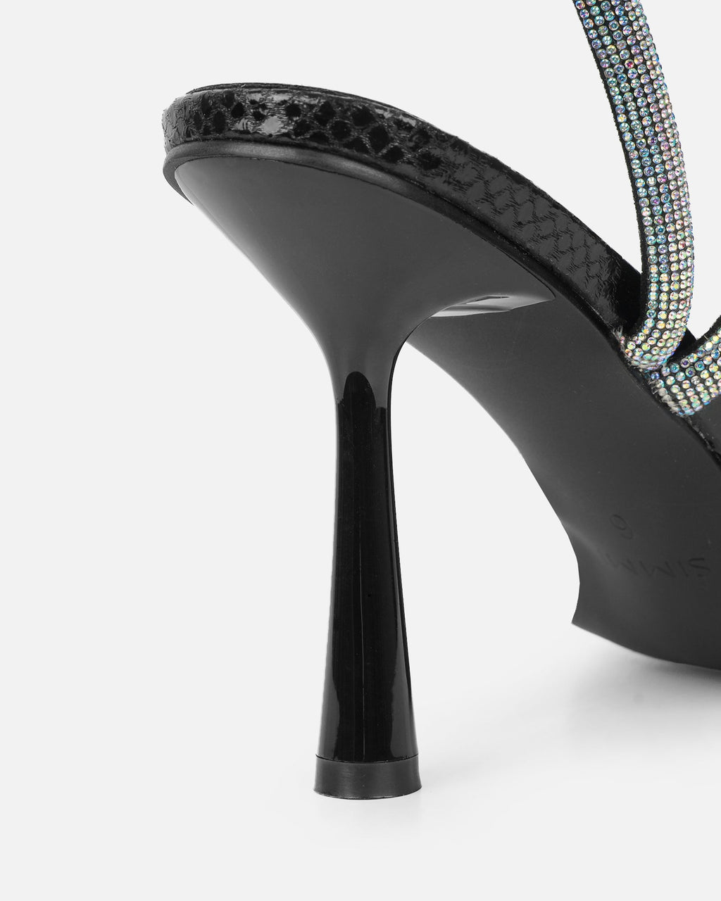 Maella Black Faux Snake Diamante Heeled Sandals