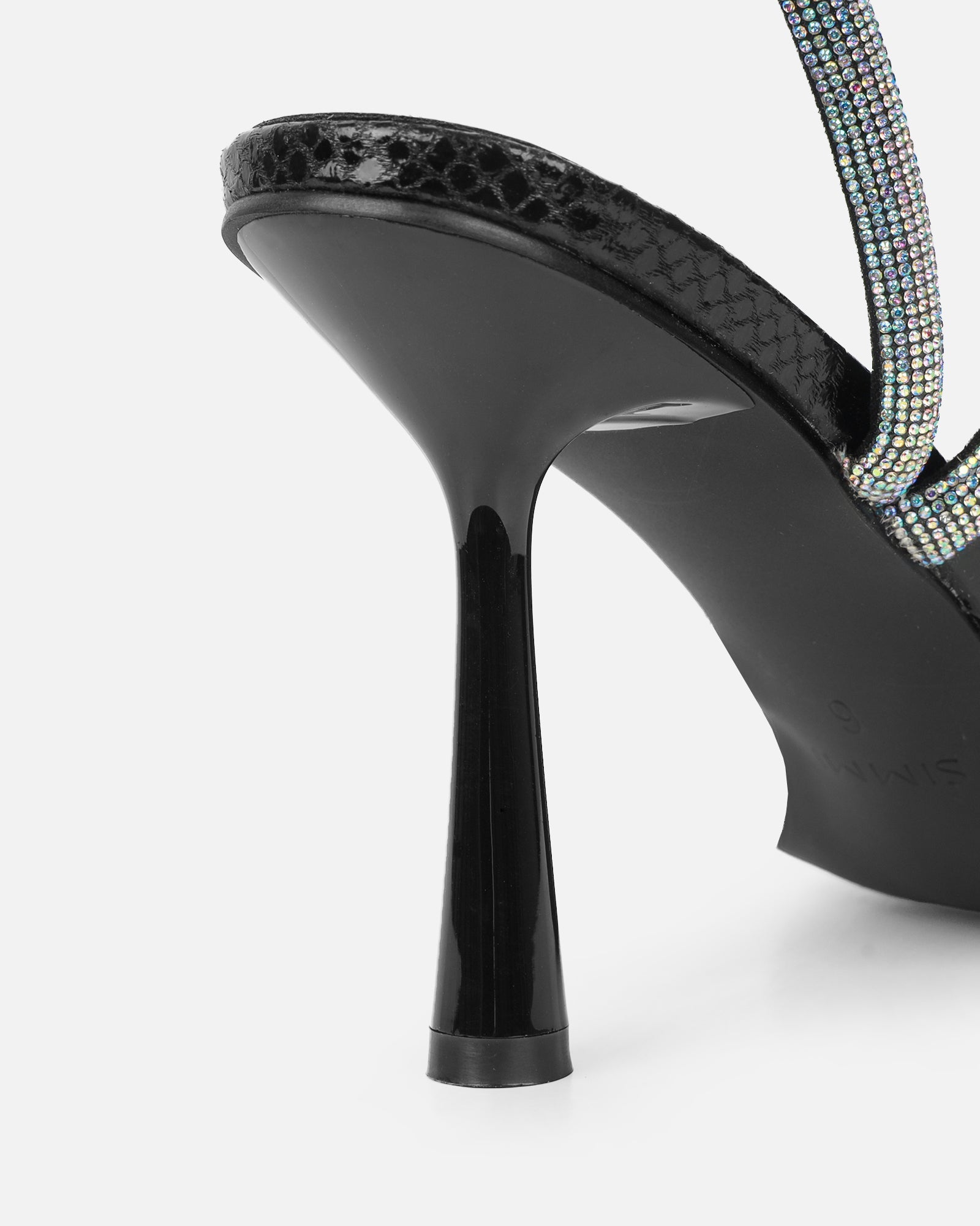 Maella Black Faux Snake Diamante Heeled Sandals