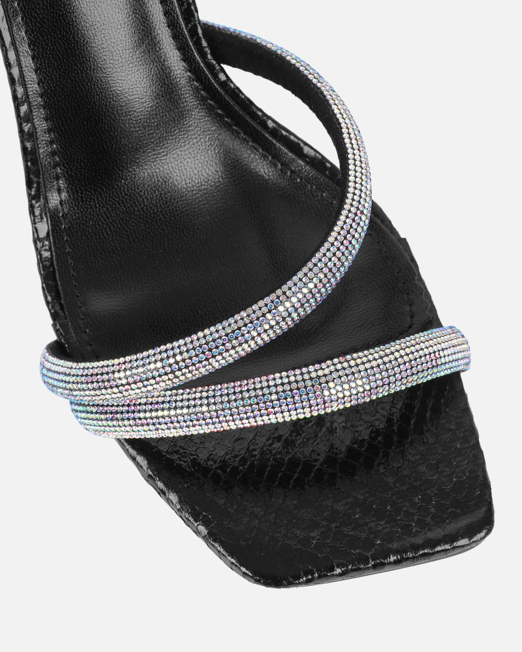 Maella Black Faux Snake Diamante Heeled Sandals