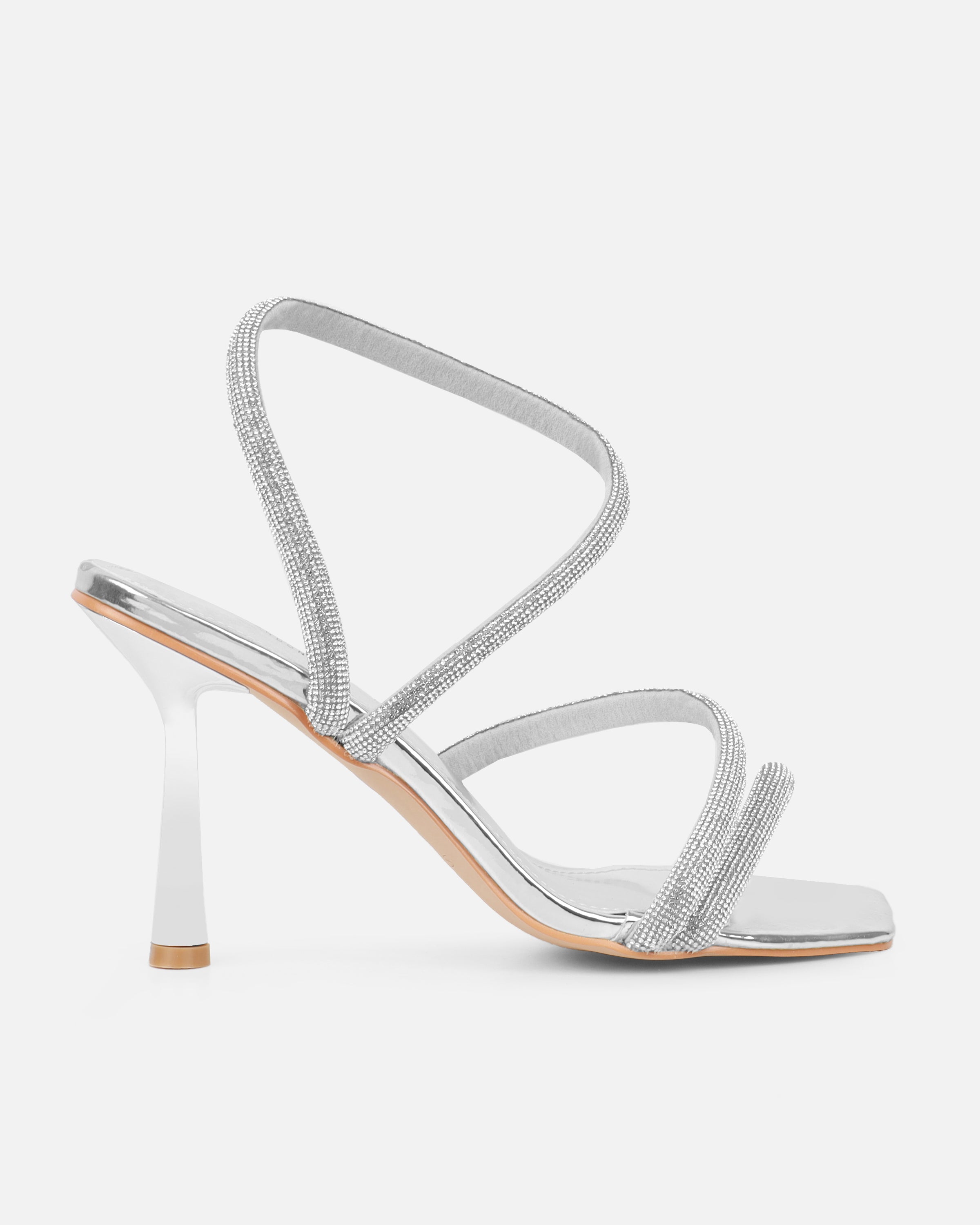 Maella Silver Mirror Diamante Heeled Sandals