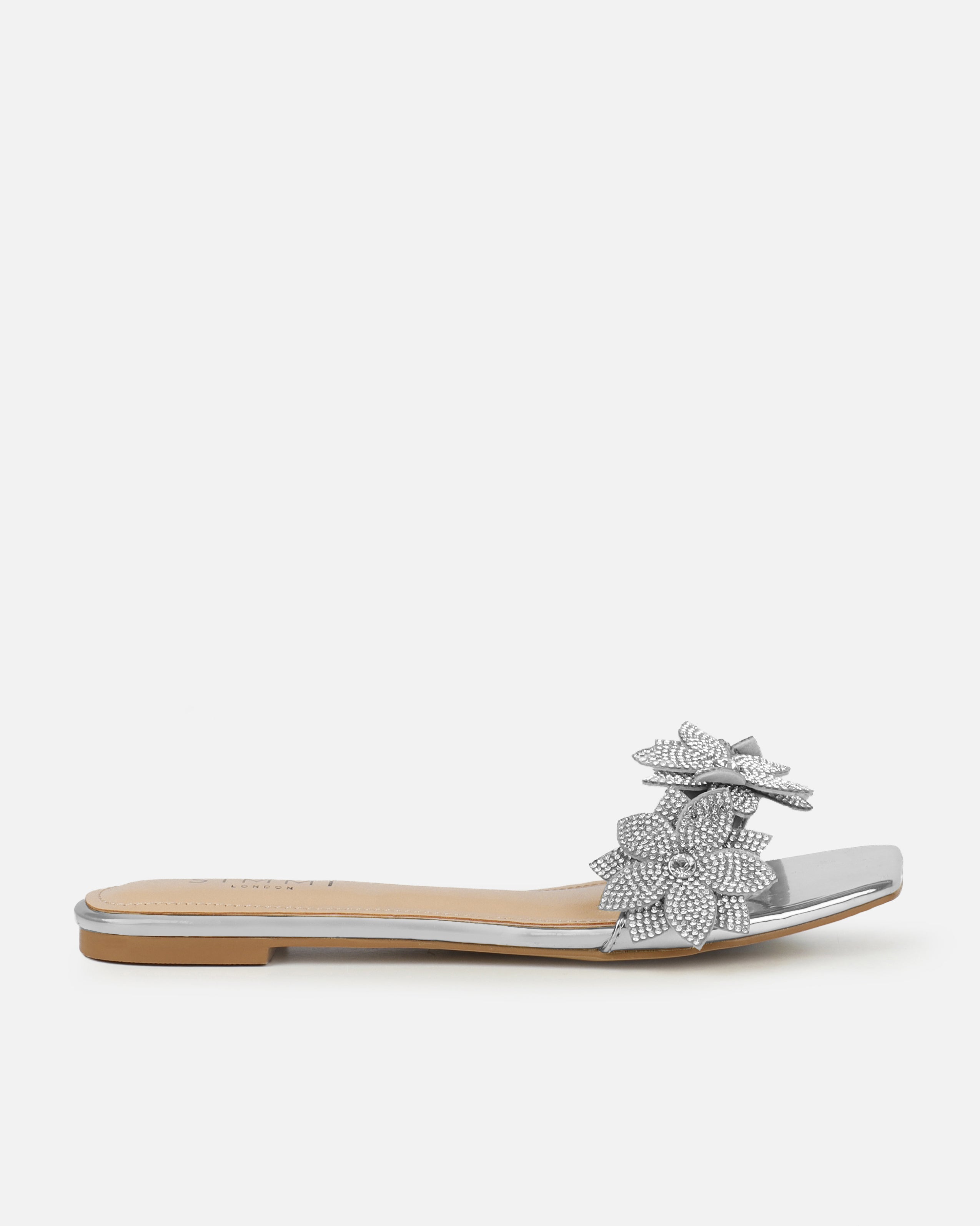 Abbie Silver Mirror Flower Diamante Flat Sandals
