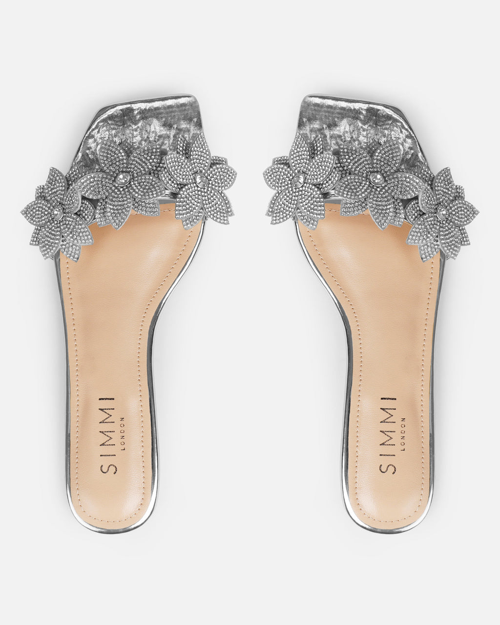 Abbie Silver Mirror Flower Diamante Flat Sandals