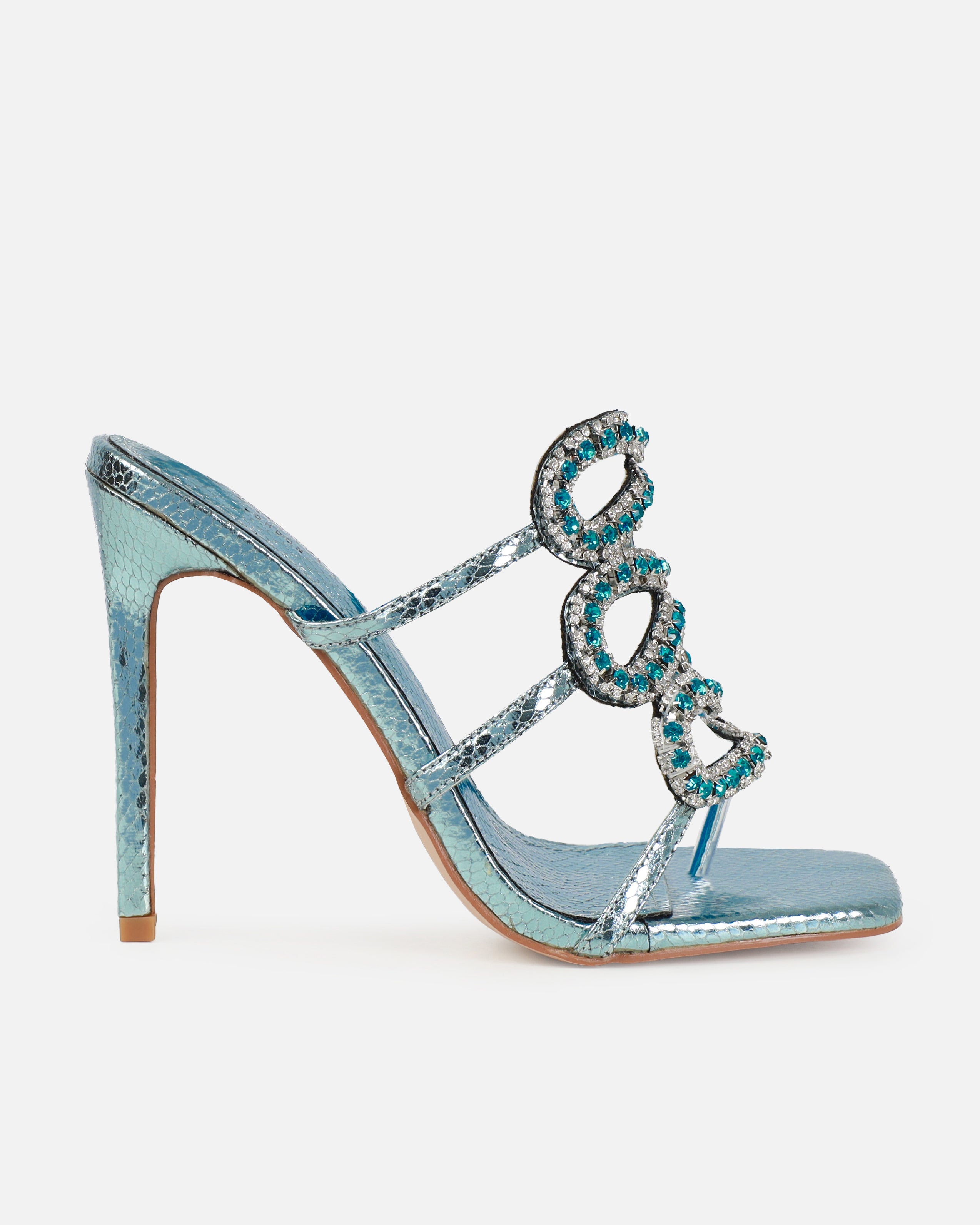 Scorpius Blue Metallic Diamante Snake Stiletto Heeled Sandals