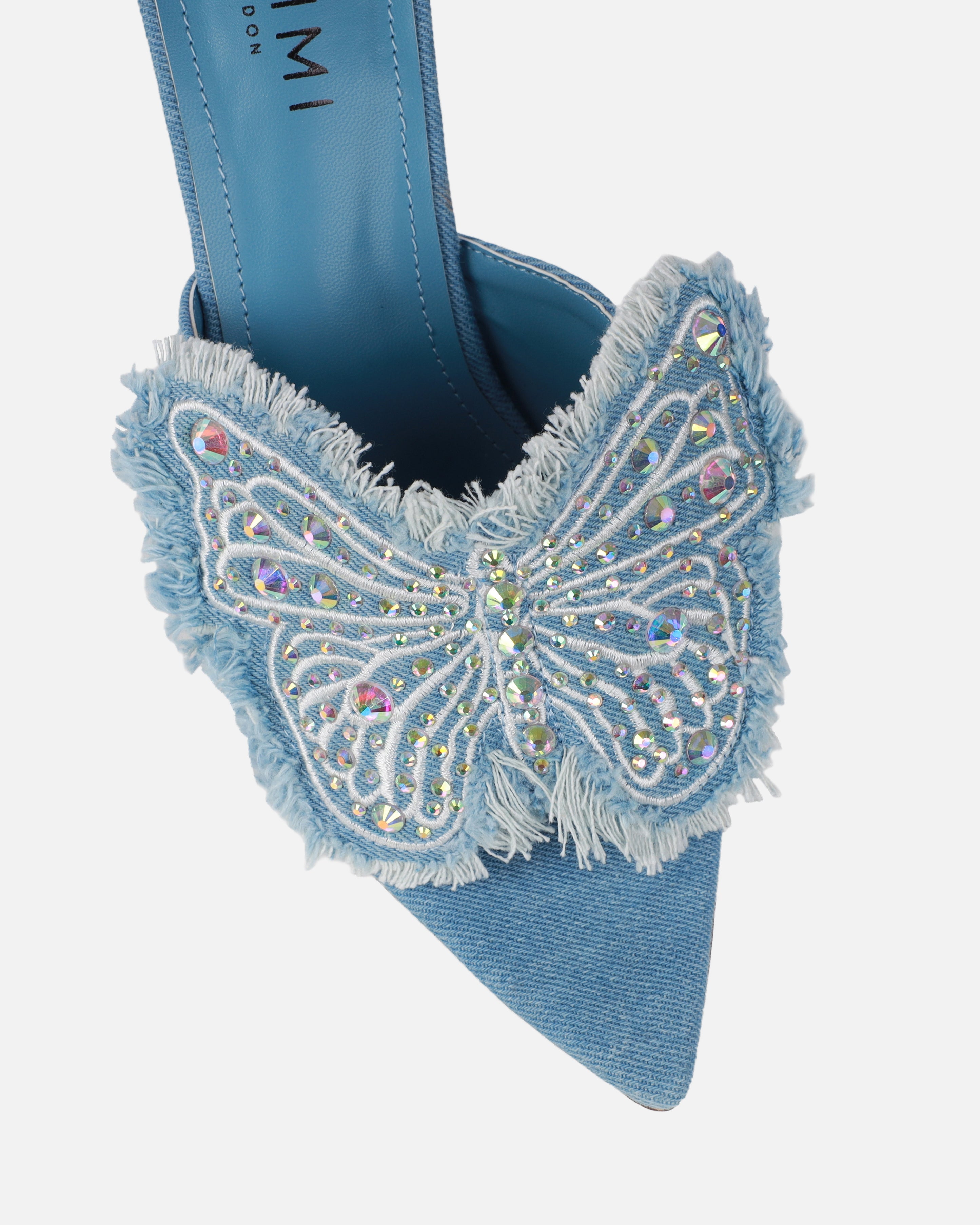 Seema Denim Blue Butterfly Detail Heeled Mules