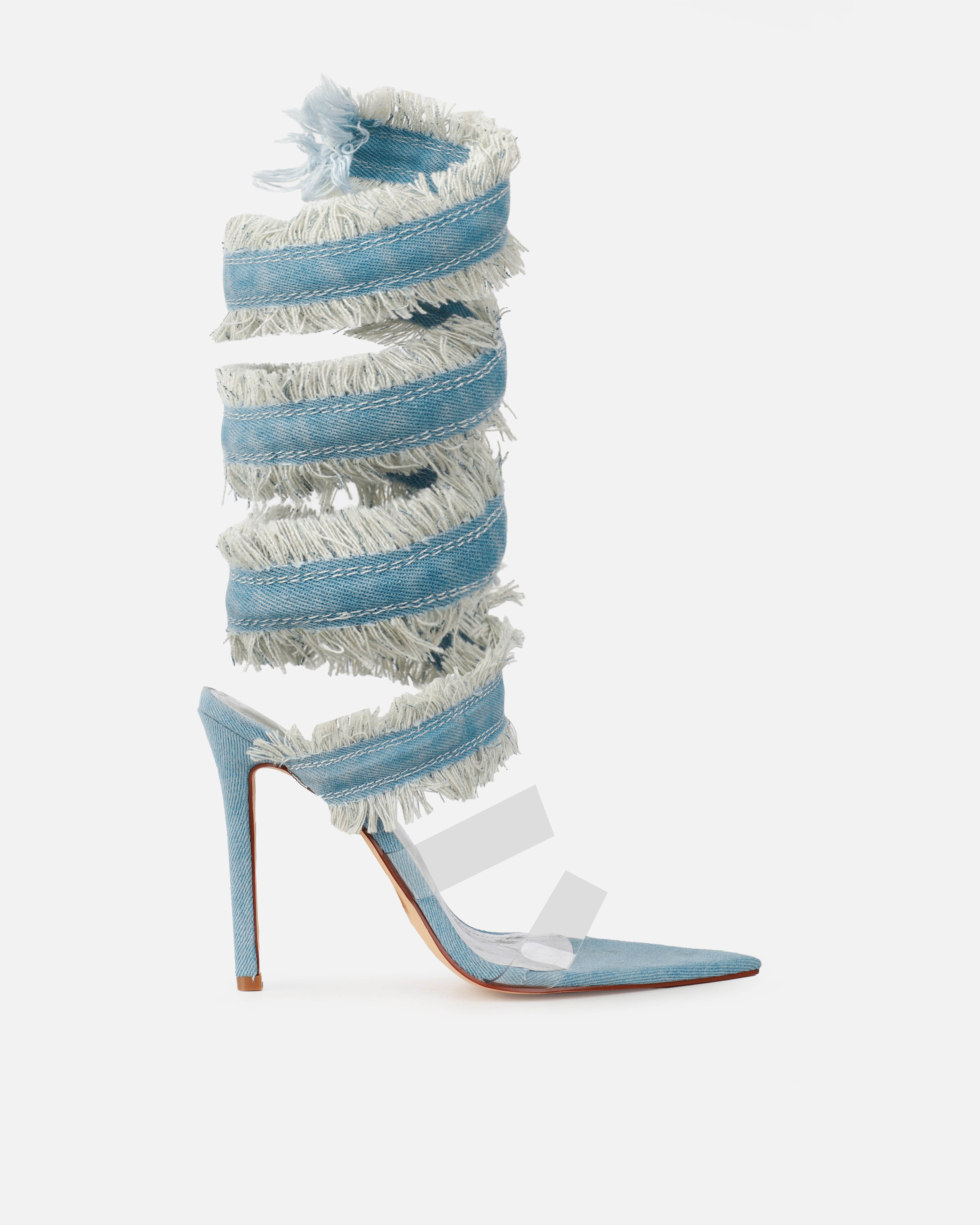Sonya Blue Denim Frayed Spiral Heeled Sandals