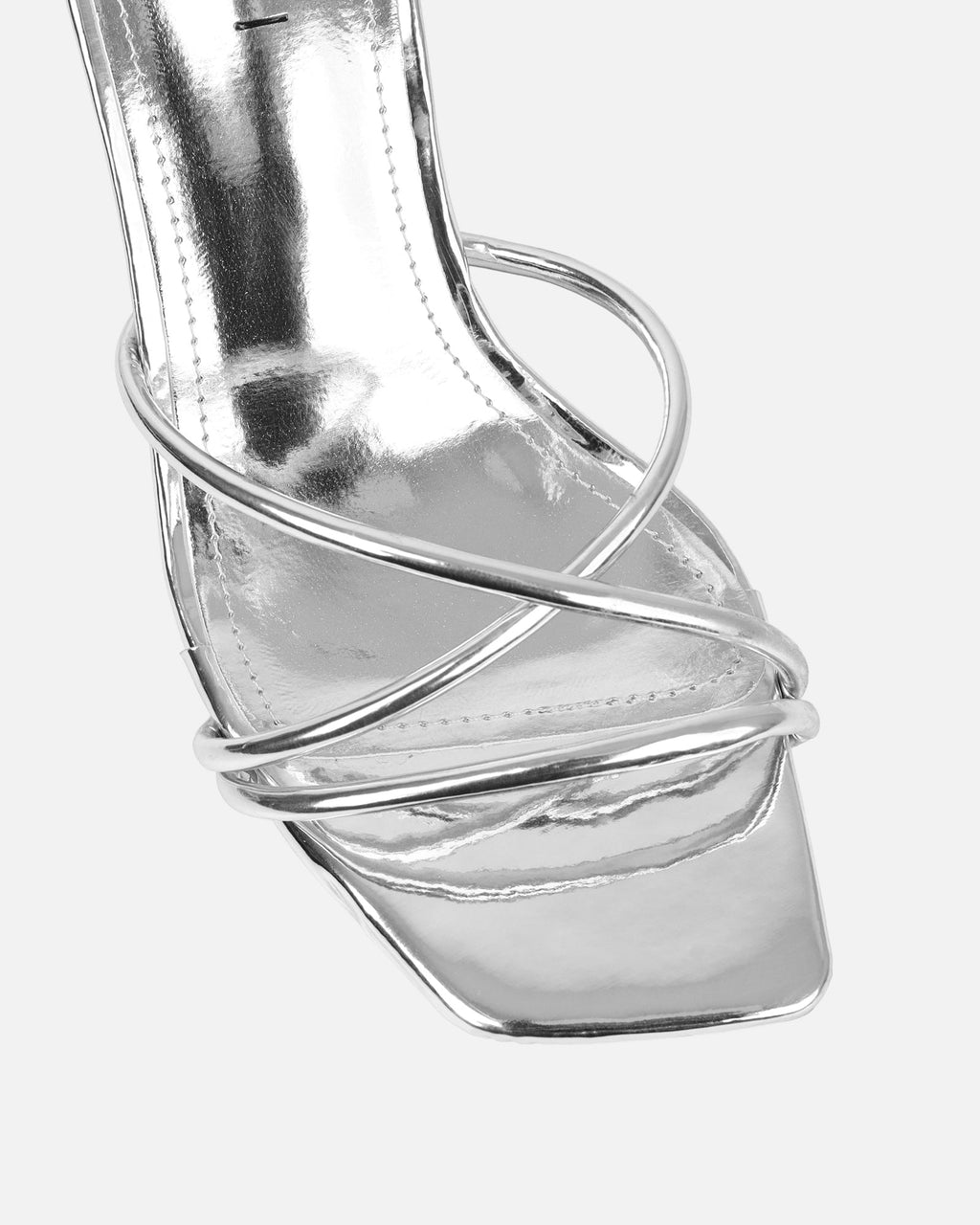 Shadee Silver Mirror Mid Heeled Sandals