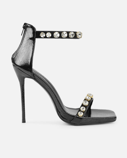 Shivi Black Faux Snake Diamante Heeled Sandals