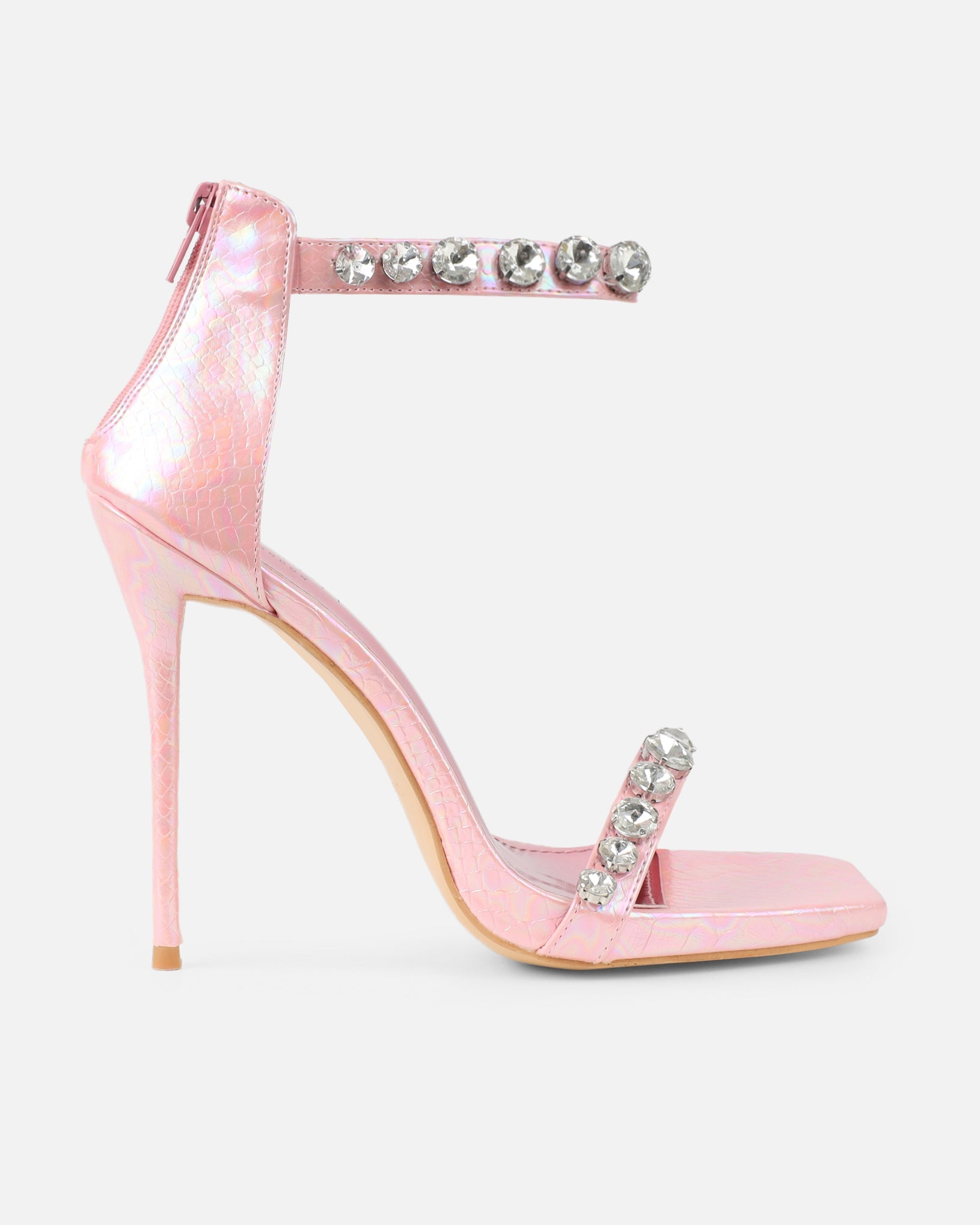 Shivi Pink Faux Snake Diamante Heeled Sandals