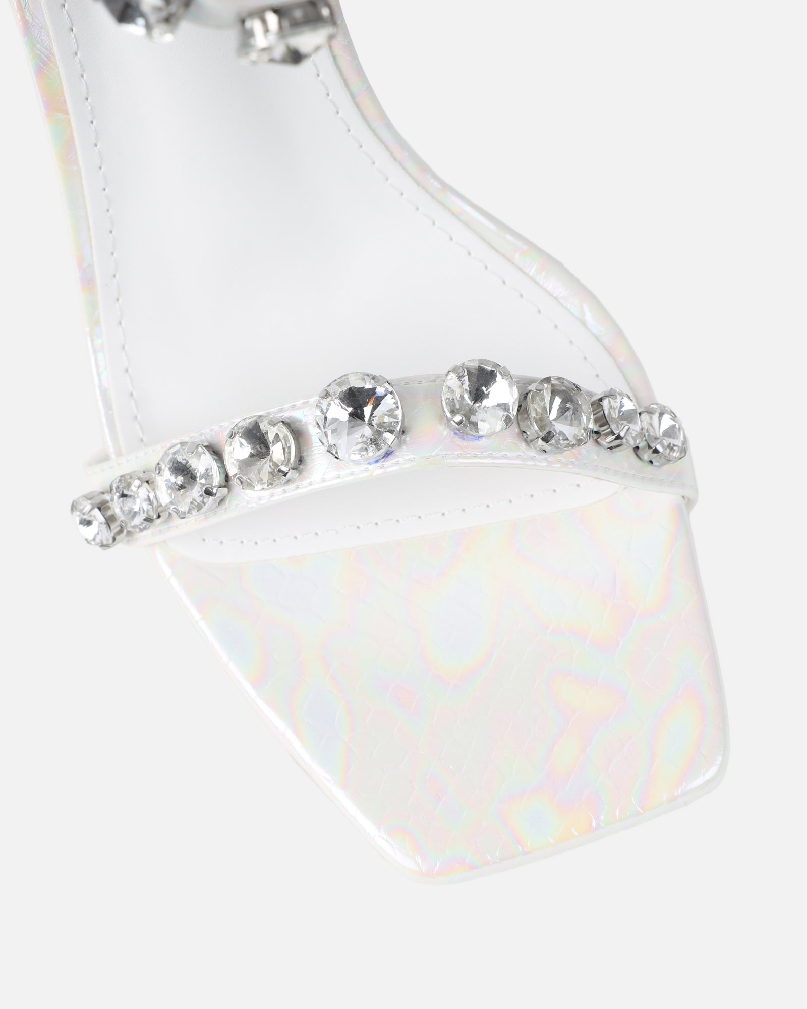 Shivi White Faux Snake Diamante Heeled Sandals