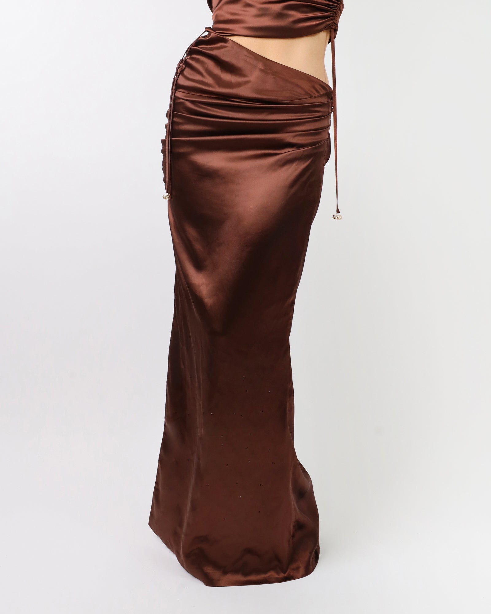 Élodie Chocolate Satin Drape Maxi Skirt