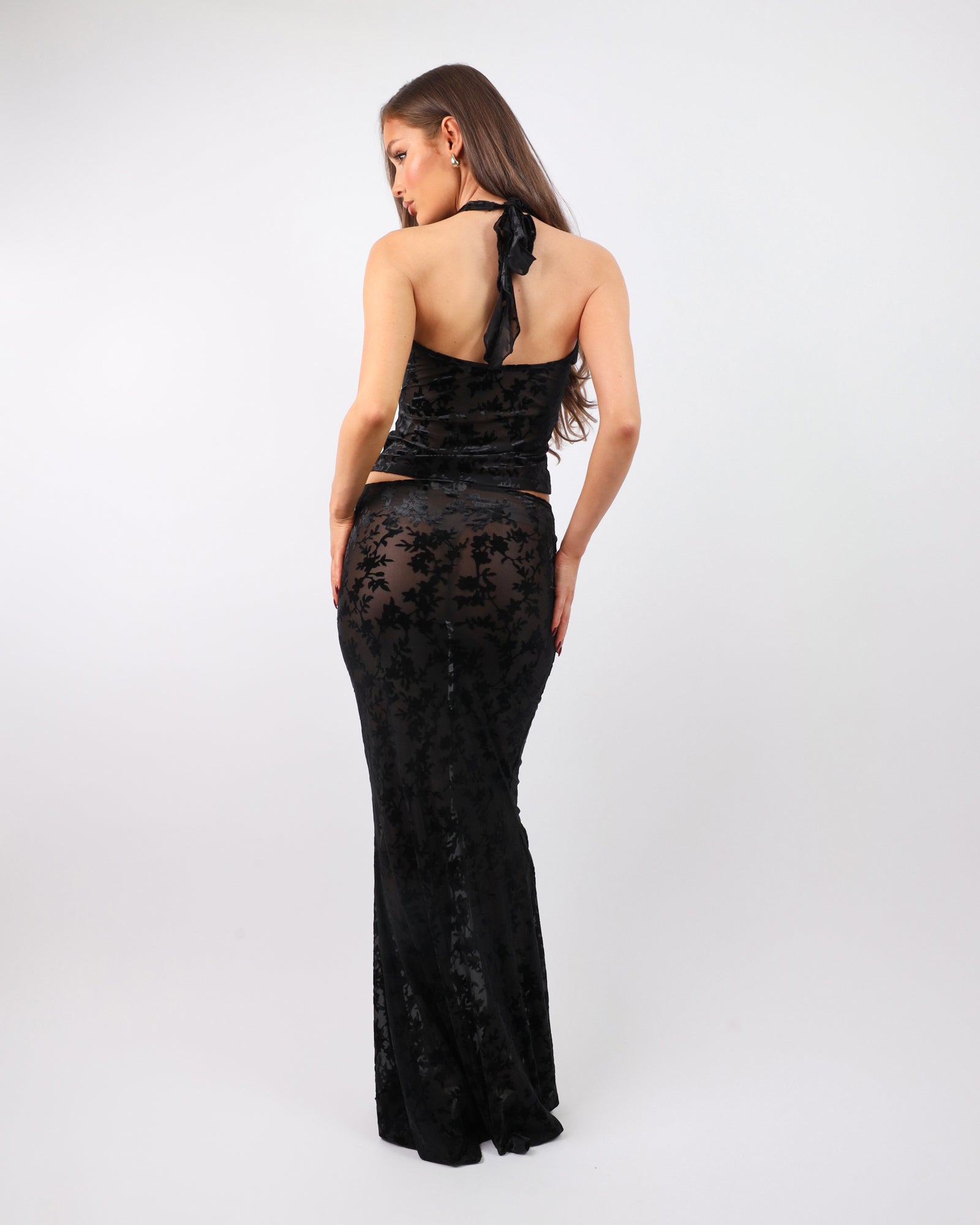 Delilah Black Devore Ruffle Top