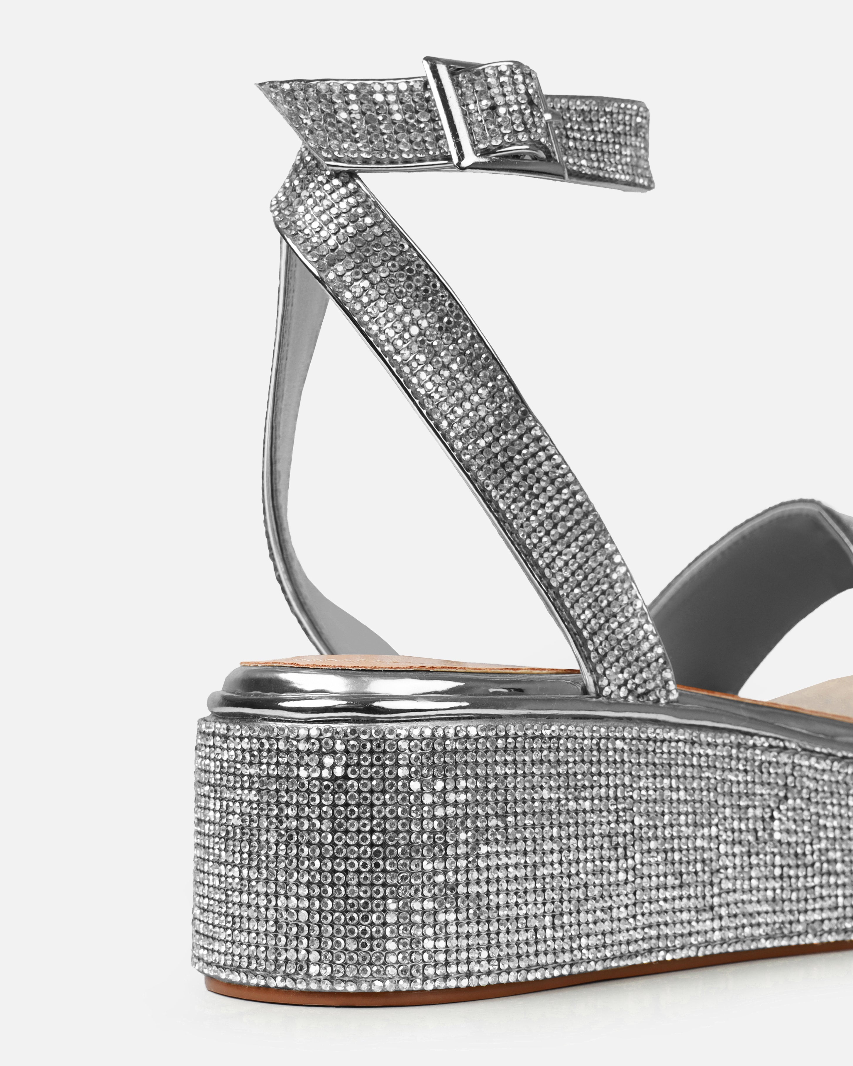 Brittany Silver Mirror Diamante Flatform Sandals