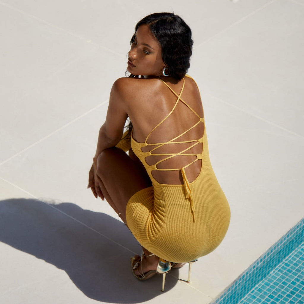 Sorbet Mango Rib Knit Lace Up Back Mini Dress