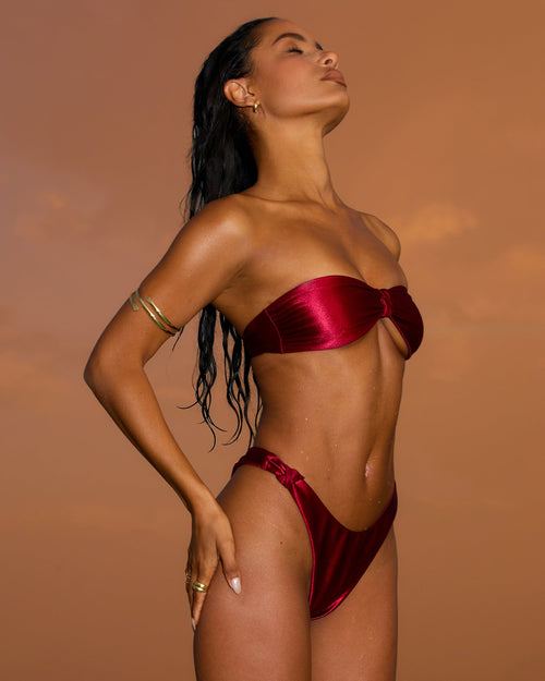 Sonara Deep Red Satin Knot Detail Bikini Set