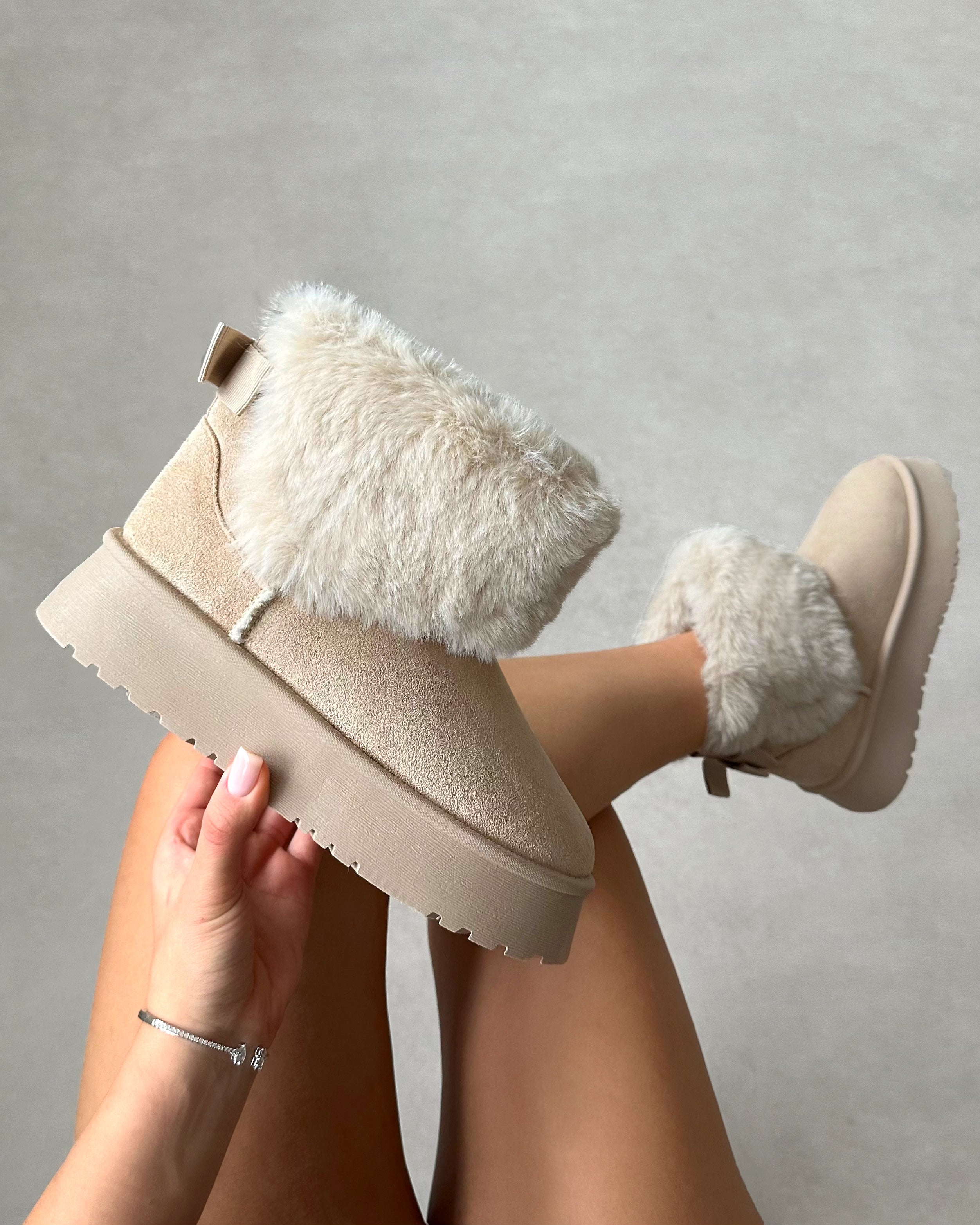 Tomiee Beige Faux Suede Fur Trimmed Ankle Boots