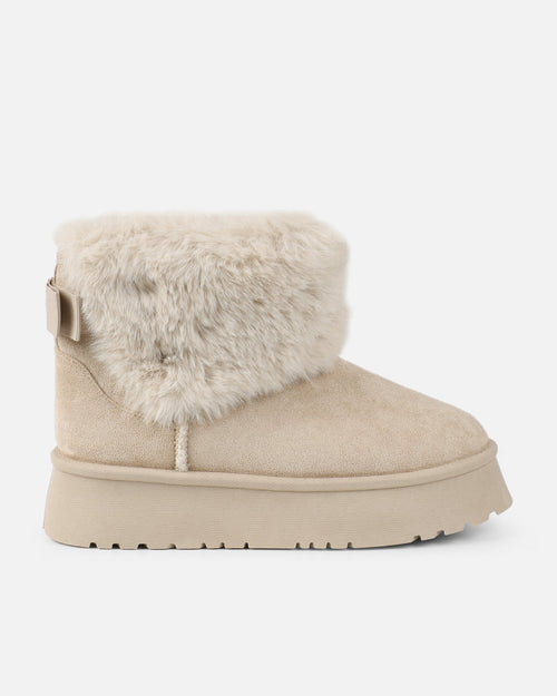 Tomiee Beige Faux Suede Fur Trimmed Ankle Boots