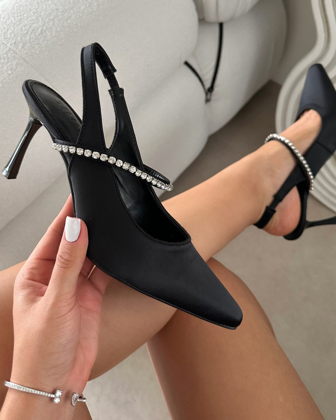Trace Black Satin Diamante Ballet Heels