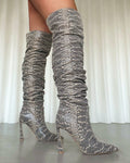 Usher Beige Faux Snake Slouch High Heeled Over The Knee Boots