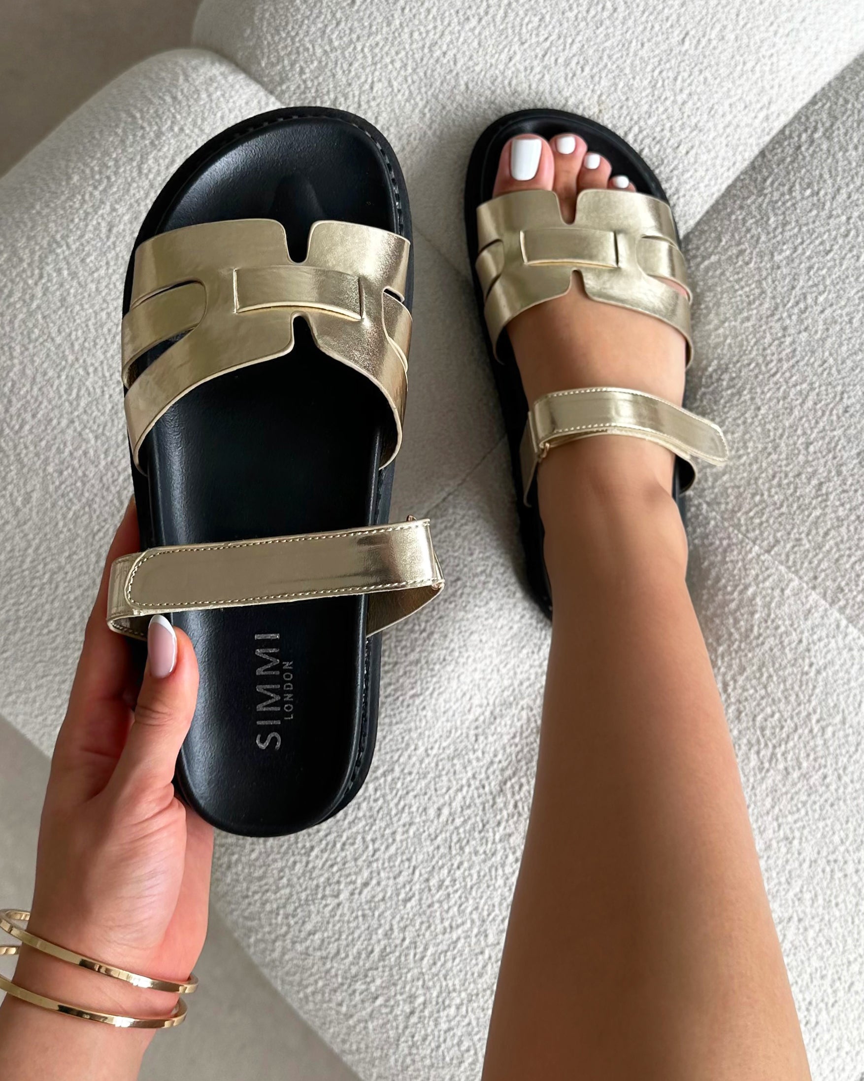 Adelle Gold Shiny Metallic Chunky Footbed Slides
