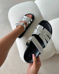 Adelle Silver Chunky Velcro Strap Flat Sandals
