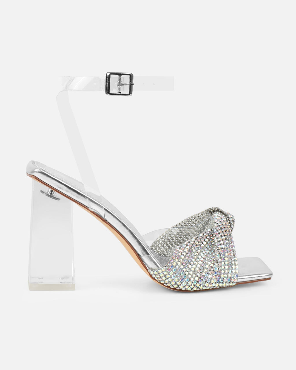 Veena Clear Silver Metallic Diamante Block Heeled Sandals