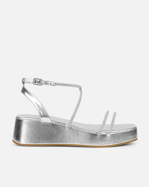 Vivii Silver Metallic Diamante Flatform Sandals