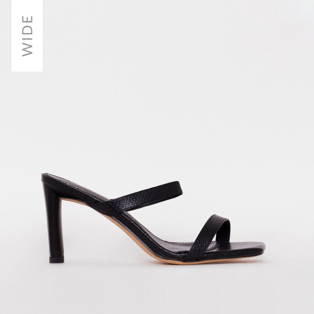 Dalla Wide Fit Black Snake Print Mid Heel Mules