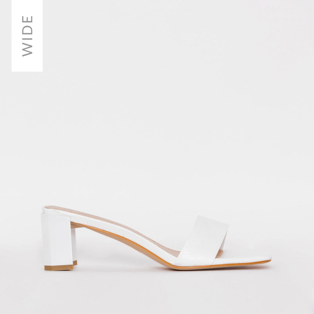 Ruhani Wide Fit White Snake Print Block Mid Heel Mules