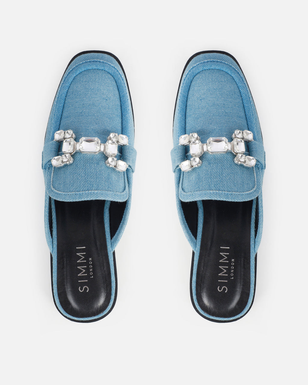 Xanthe Blue Denim Diamanté Slip On Mules