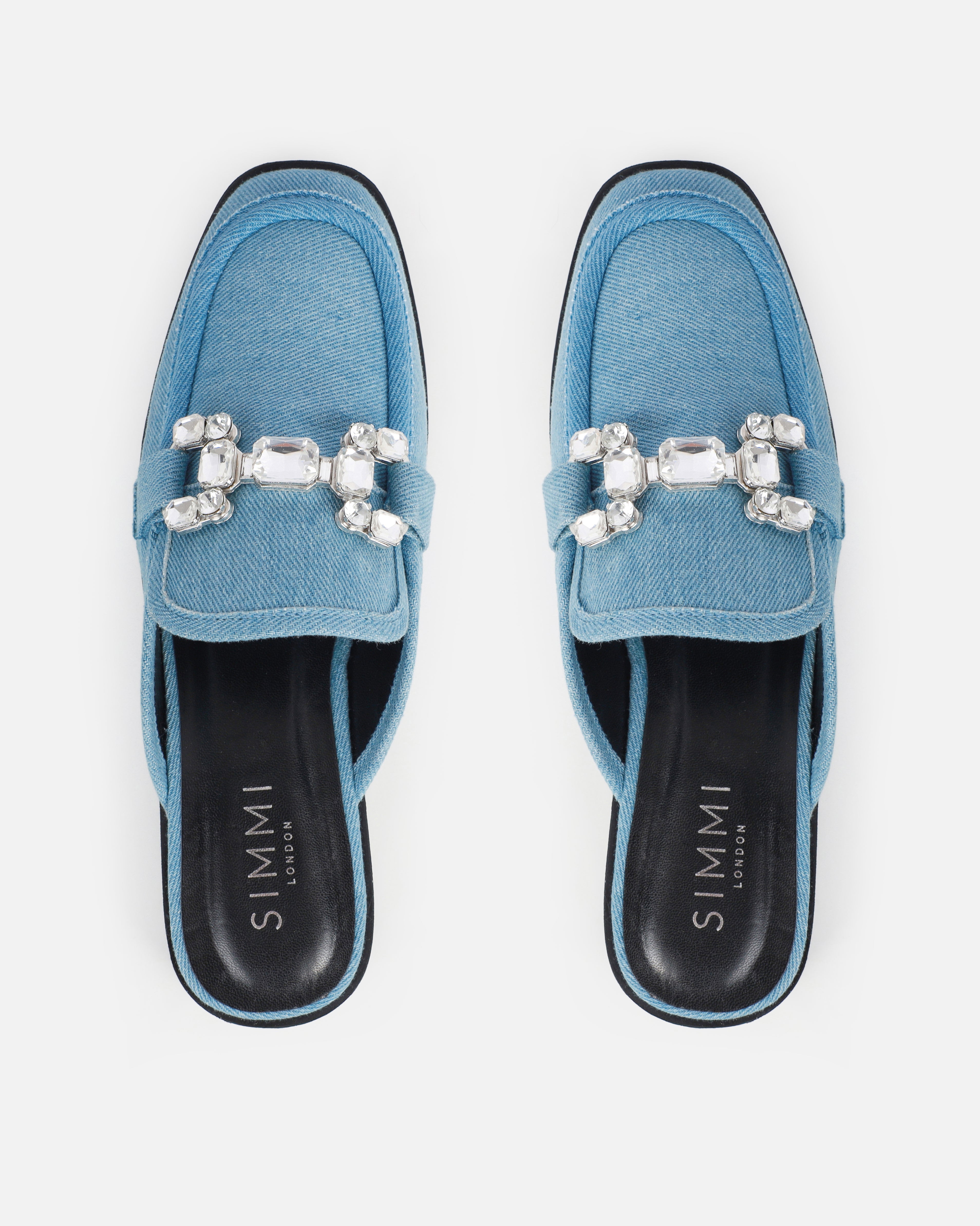 Xanthe Blue Denim Diamanté Slip On Mules
