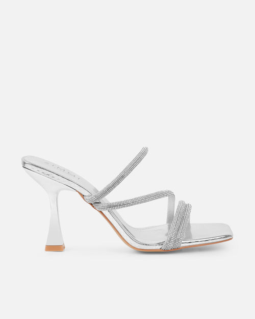 Zita Silver Metallic Snake Diamante Mid Heeled Mules