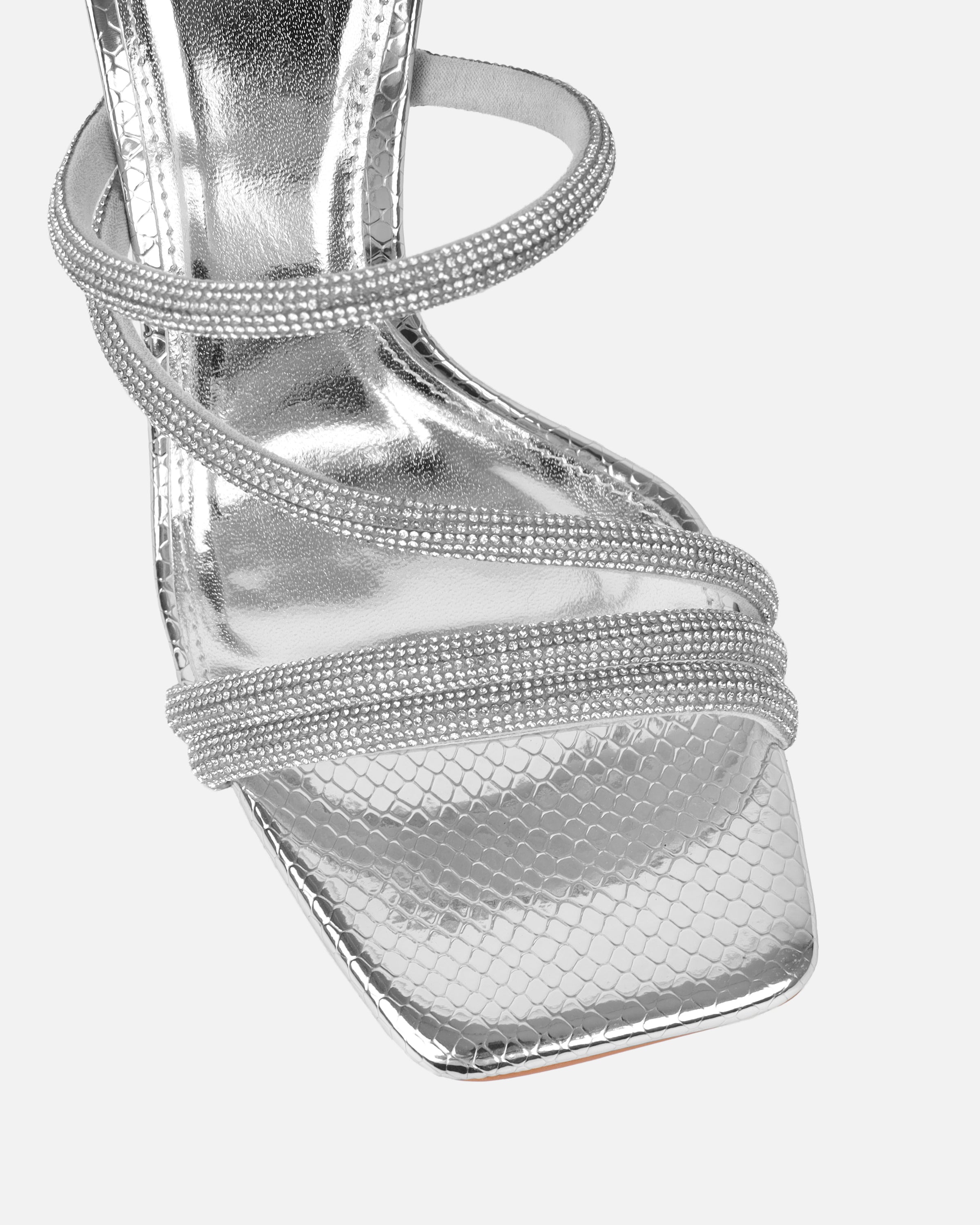 Zita Silver Metallic Snake Diamante Mid Heeled Mules