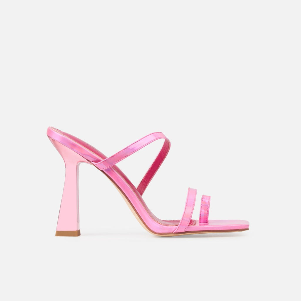 Zenaida Pink Holographic Strappy Toe Loop Block Heel Mules
